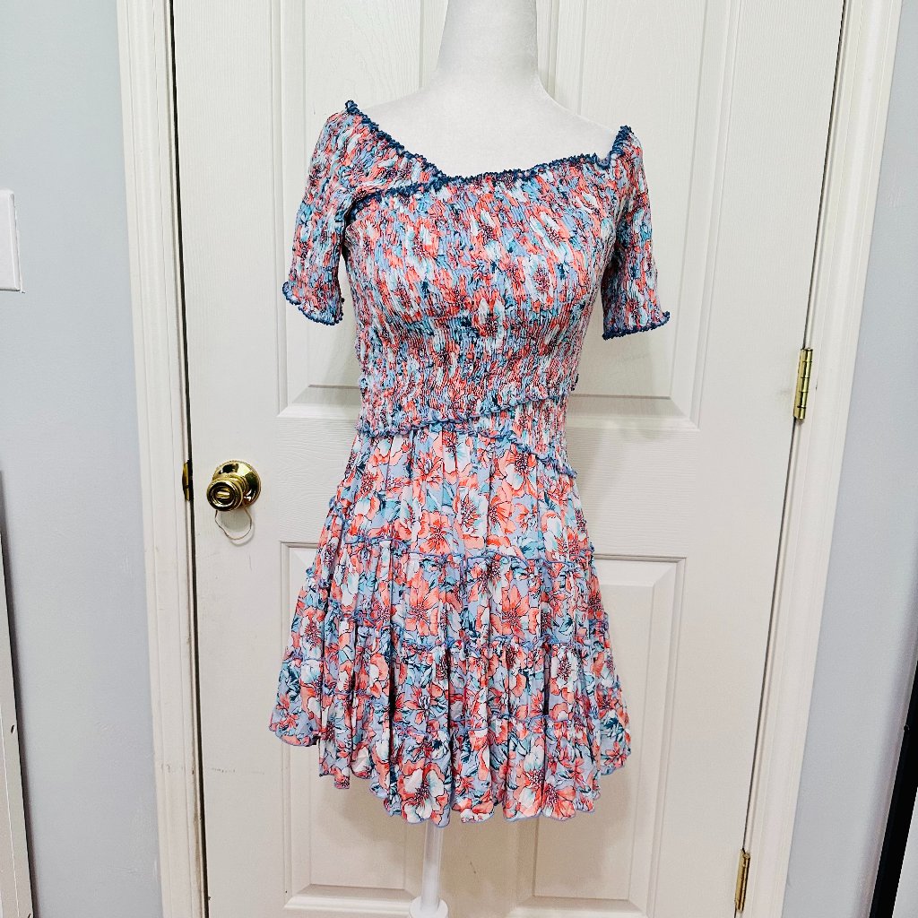 Poupette St Barth Soledad V Aqua Dalia Criss-Cross Upper Floral Mini Dress Xs